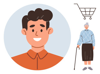 Young man smiling in orange shirt adjacent to elderly woman holding a cane, shopping cart symbol above. Ideal for diversity, family, age, community, shopping, support generation. Simple flat