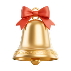 Shiny golden christmas bell with a red ribbon bow isolated on transparent background