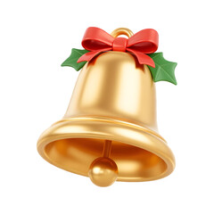 Golden christmas bell with red bow and holly leaves isolated on transparent background