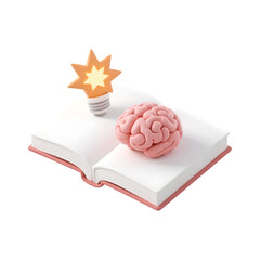 3d illustration of a pink brain and a light bulb with a star shape on an open book isolated on transparent background