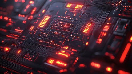 Obraz premium High-tech circuit board with glowing red lights