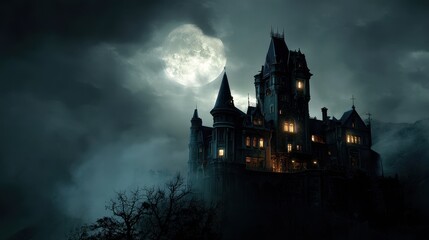 Eerie Castle at Night Glowing Windows, Dark Sky