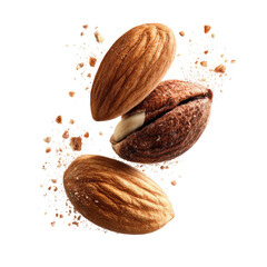 Three Falling Almonds with Shell and Crumbs on Dark Background