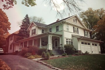Beautiful Home Exterior Charming Vintage Two-Story House with Spacious Porch and Attached Garage on a Tree-Lined Street