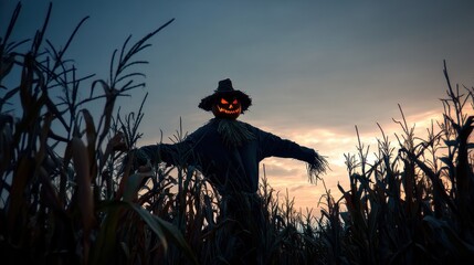 Spooky Scarecrow Silhouette in Dusk Cornfield