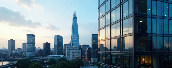 Modern London office block, sleek glass facade reflecting city skyline, architectural detail, urban landscape , cityscape, building, district