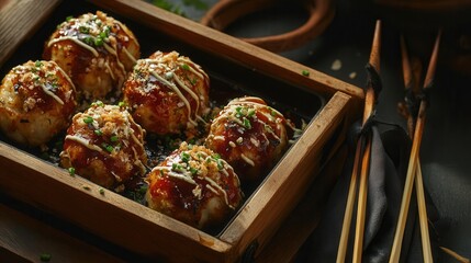 A wooden box holds a serving of delicious takoyaki topped with sauce and seasonings