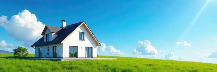 Fototapeta premium New home, bright blue sky, fresh start, perfect day A modern house stands out against a vibrant, cloudless sky, symbolizing hope and new beginnings , serene, architecture, blue sky