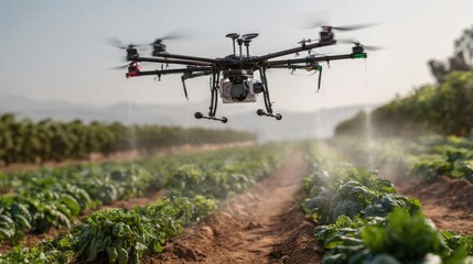 Remote-controlled irrigation drone flying low over rows of vegetables