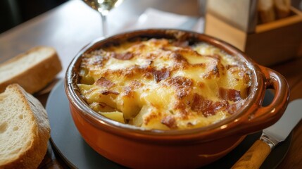 A delicious potato gratin with bacon is served on a rustic table