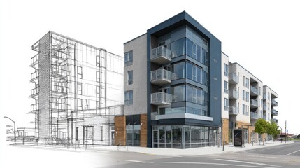 Residential building concept sketch beside photo reference for facade elements