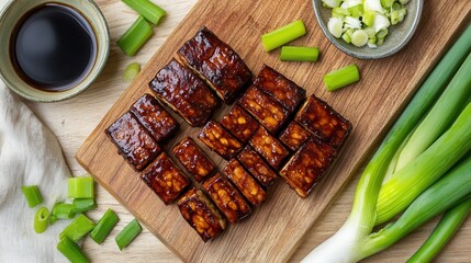 Marinated tempeh squares are arranged on a wooden board with scallions and soy sauce