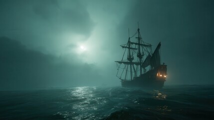 Ghost Ship Sailing Through Foggy Waters at Night