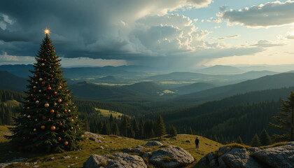 Celebrating Christmas with a Decorated Tree in a Mountain Landscape