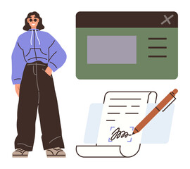 Person in relaxed outfit, a stylized online window beside a scroll displaying a signature and pen. Ideal for digital contracts, agreements, forms, business processes, remote work, technology, simple