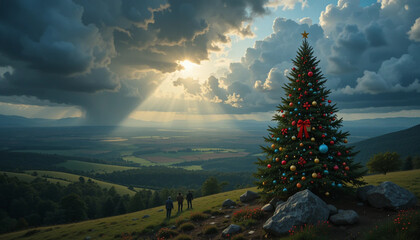 Decorated Christmas Tree on Hillside Overlooking Valley with Sun Rays