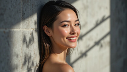 Smiling Asian Woman Leaning on Wall in Sunlight with Shadow