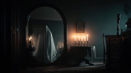 Ghostly Figure Emerging from Mirror in Dark Room
