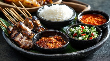 Grilled meat satay skewers are served with rice and various sauces