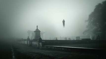 Ghostly Figure Floating Above Grave in Misty Cemetery