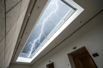 Beautiful Home Exterior Dramatic Lightning Strike Captured Through Modern Architectural Skylight, Interior Design