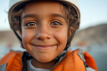 Smiling young hispanic child wearing safety gear outdoors