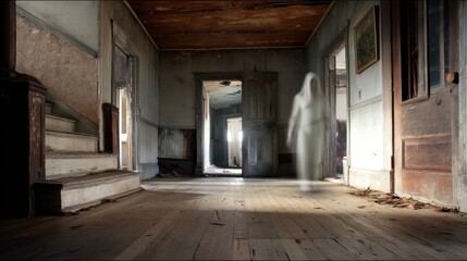 Ghostly Figure in Abandoned House Eerie Hallway