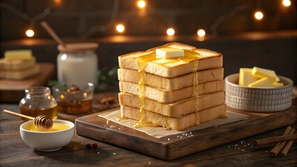 Cube-Shaped Stack of Toasted Bread with Melting Butter and Honey on Rustic Table
