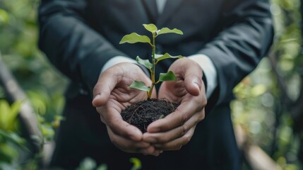 Businessman's passionate discourse on sustainability initiatives in a lush environment