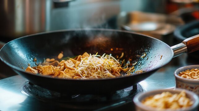 Pad thai is being cooked in a wok with tofu and bean sprouts