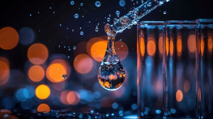 Dropper Dispensing Liquid with Glassware and Bokeh Background