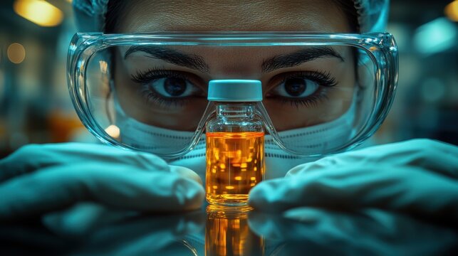 Lab Worker with Safety Glasses Holding Vial of Liquid