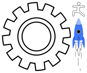 Gear mechanism symbolizing process, rocket indicating innovation and speed, and running figure for action. Ideal for technology, teamwork, startup, strategy, movement goals innovation. Simple flat