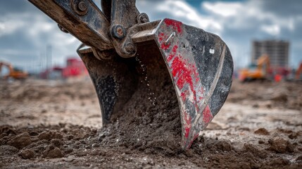 Steel bucket striking dirt with power as excavator preps land for foundation