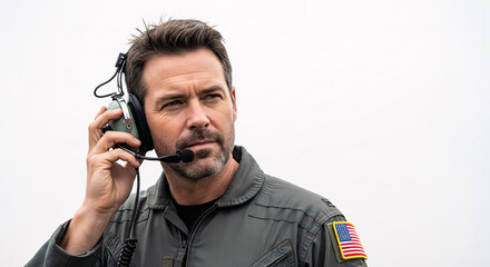 Man in flight suit with headset and american flag patch looking off to the side on a white background