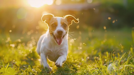 Joyful Jack Russell Terrier running through lush green field at sunrise, capturing pure bliss