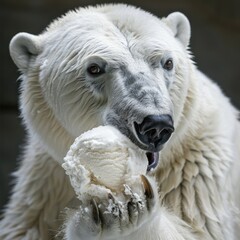 Polar bear enjoys a delightful treat while holding a colorful ball in its paws