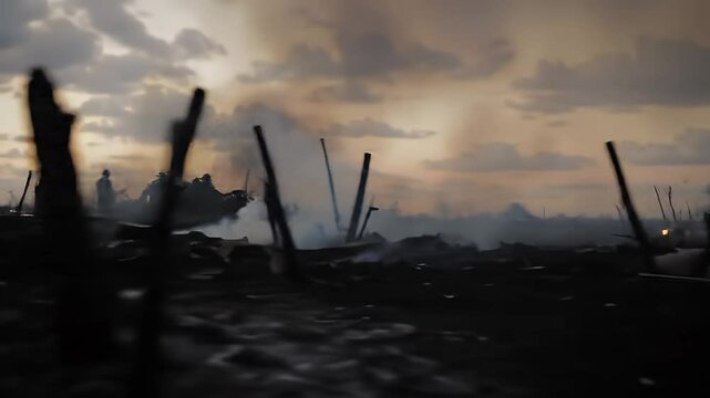 Somber Battlefield Aftermath: Smoke, Debris, Sunset Sky