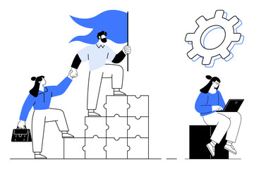 Team building on puzzle blocks, leader holding a flag, colleague assisting another, gear icon, and laptop user. Ideal for teamwork, leadership, innovation, problem-solving ambition collaboration