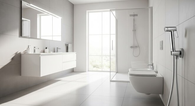 Bright modern bathroom interior with bidet and walk-in shower.