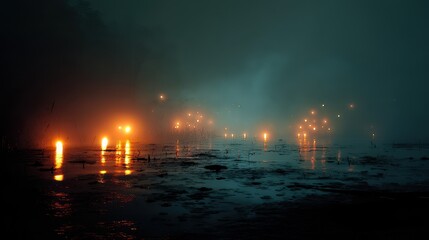 Eerie Glowing Lights in a Dark and Foggy Swamp