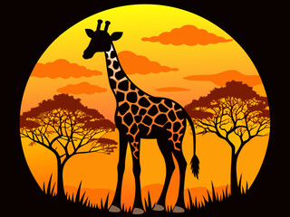 Silhouette of a giraffe standing in the african savanna at sunset with acacia trees