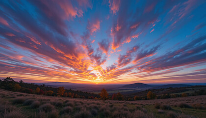 Vibrant Sunset Over Rolling Hills with Dramatic Sky and Clouds