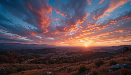 Dramatic Sunset Sky Over Rolling Hills and Distant Mountain Range