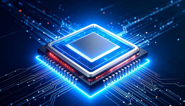 CPU chip on circuit board, glowing blue - Powered by Adobe