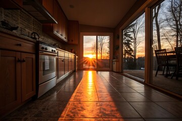 Obraz premium Beautiful Home Exterior Stunning Sunset View from Modern Kitchen with Wooden Cabinets and Tile Floor