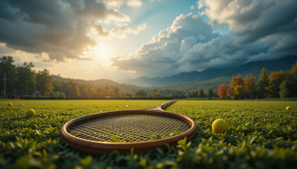 Tennis Racket and Balls Resting on Green Grass Field at Sunset
