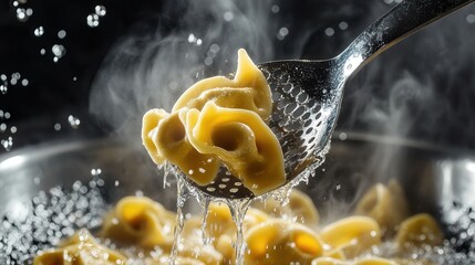 Tortellini pasta is being lifted from boiling water with a spoon