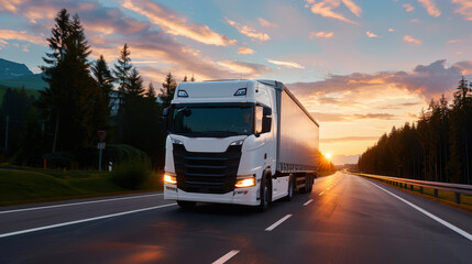A large white semi truck is driving down a road at sunset