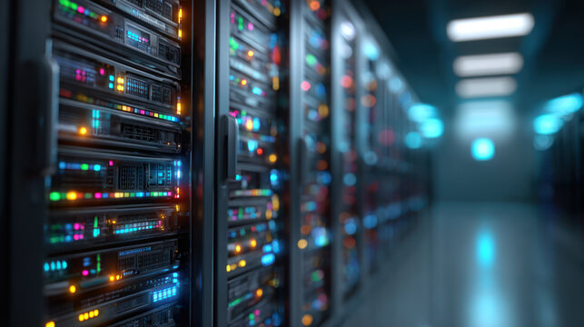 Modern server rack with multiple blade servers running hypervisor systems and LED status lights blinking organized patterns.